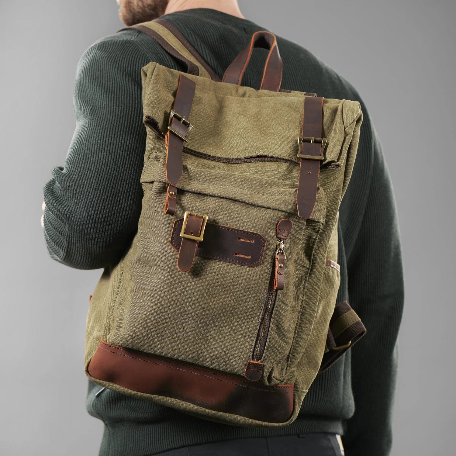 Olive Green Canvas & Taupe Leather Backpack - Image 3