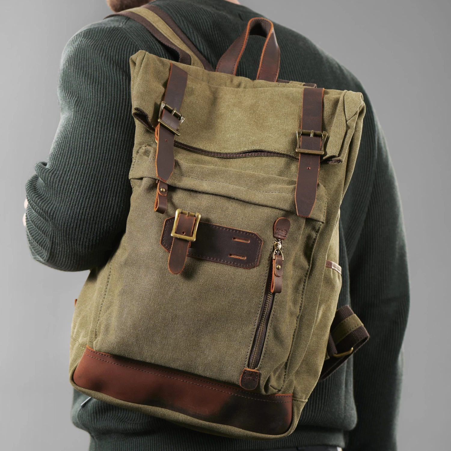 Olive Green Canvas & Taupe Leather Backpack - Image 12