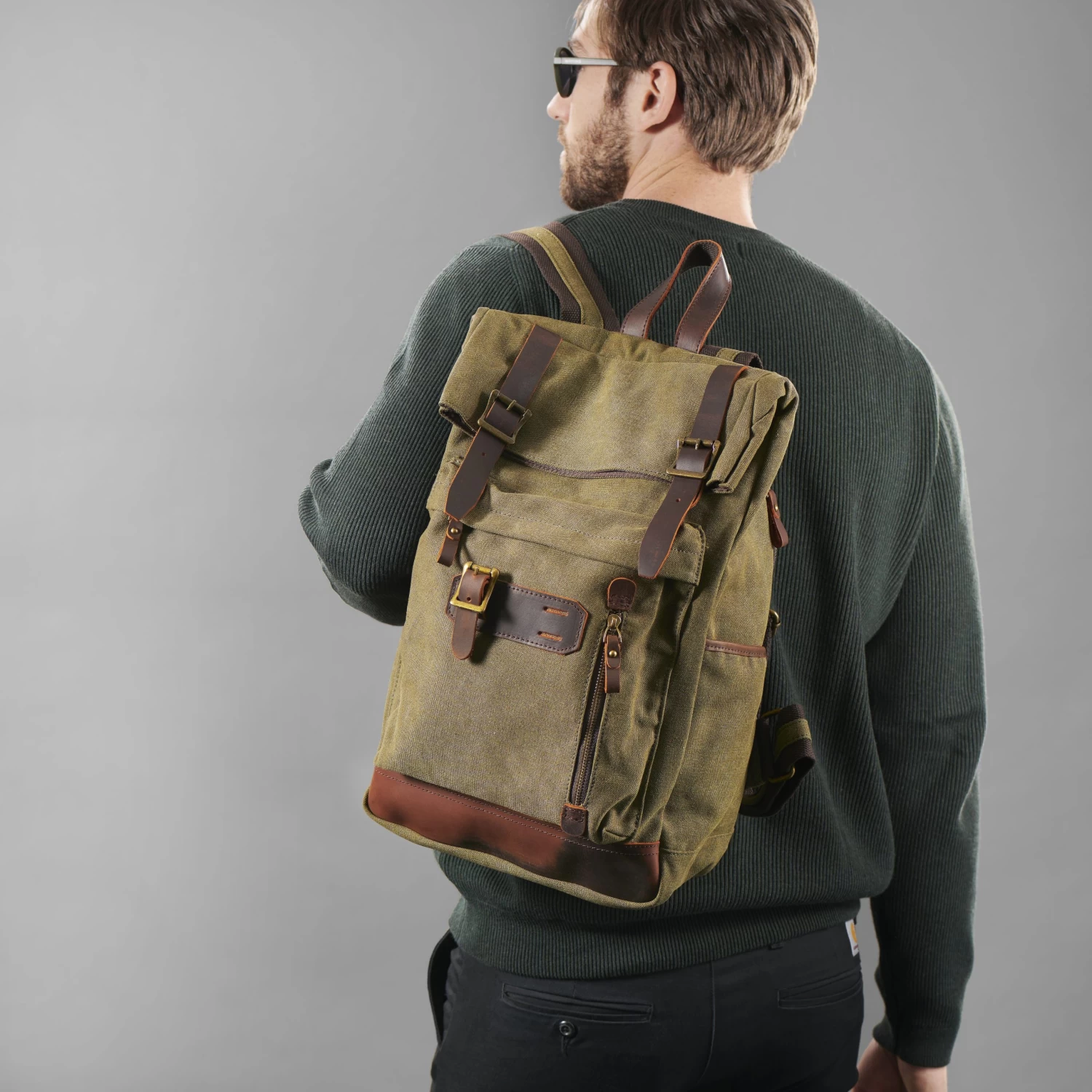 Olive Green Canvas & Taupe Leather Backpack - Image 4