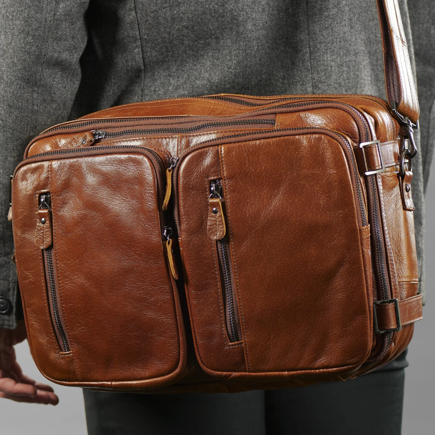 Multifunctional Dark Brown Leather Bag - Image 12