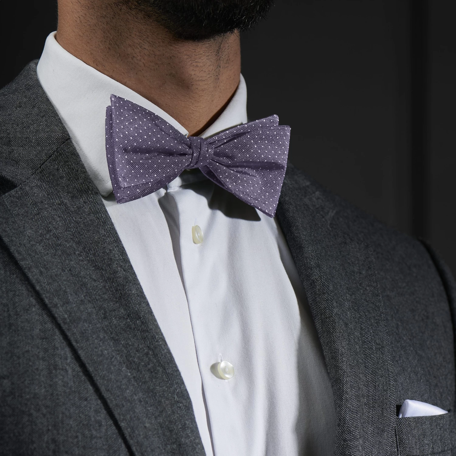 Dark Grey & White Polka Dot Silk Self-Tie Bow Tie - Image 3