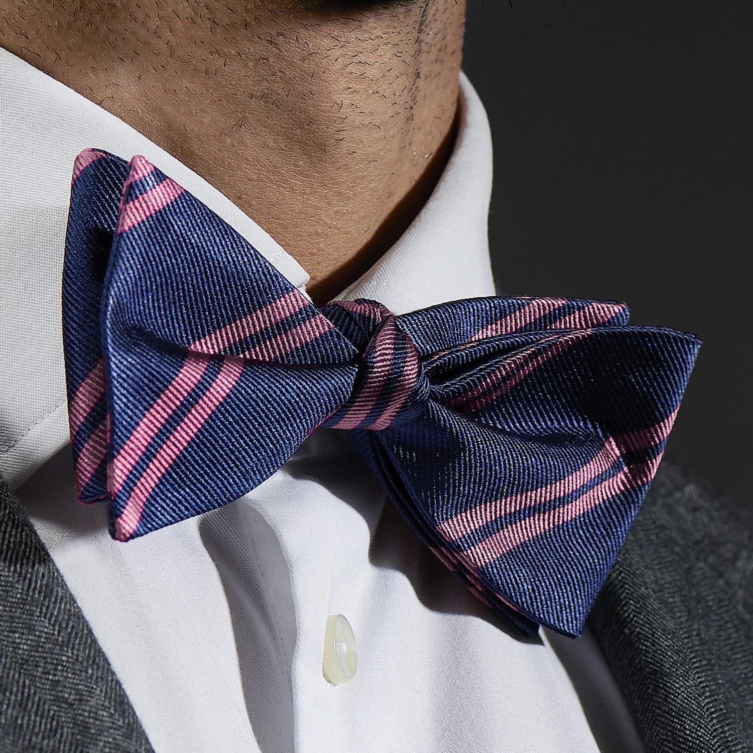 Peach Blossom & Navy Blue Twin Stripe Silk Self-Tie Bow Tie - Image 5
