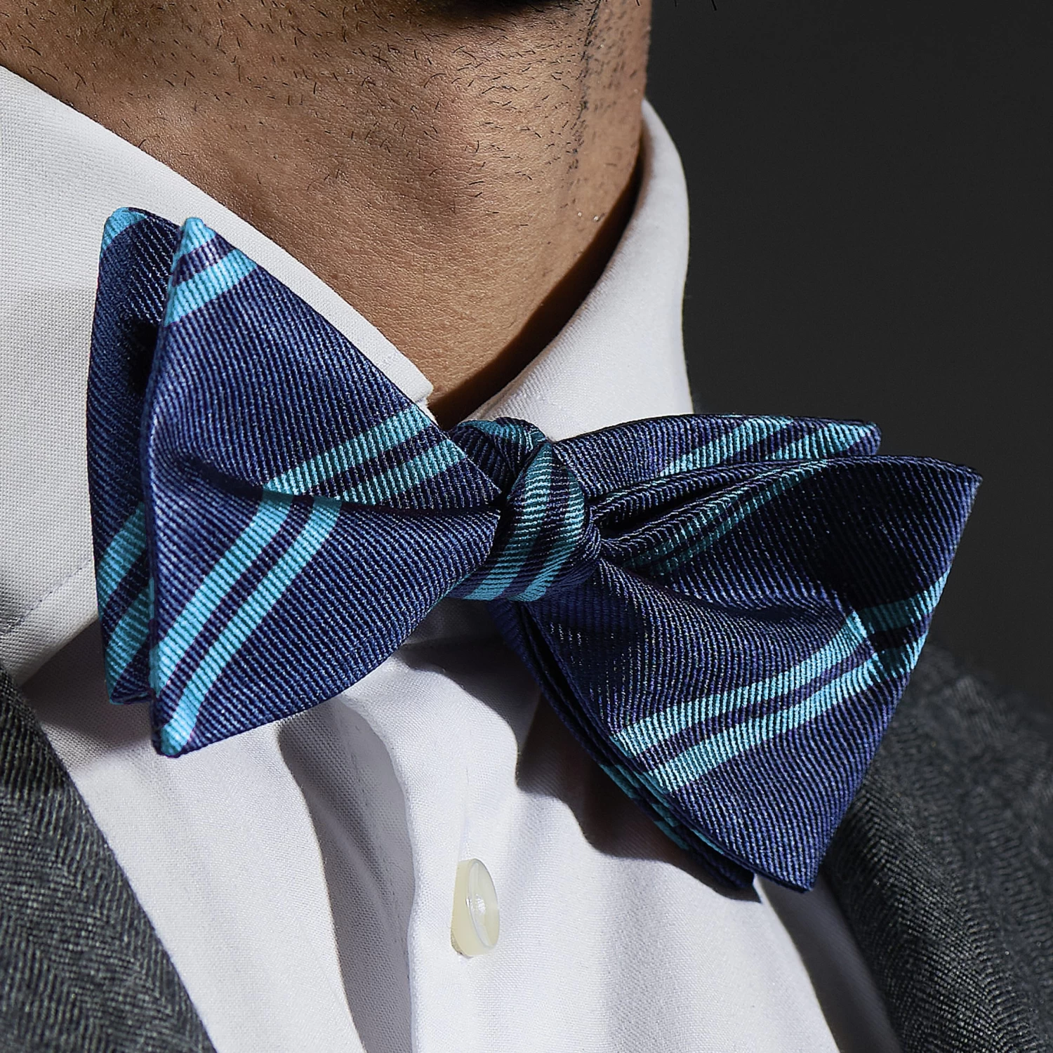 Navy Blue & Arctic Blue Stripe Silk Self-Tie Bow Tie - Image 5