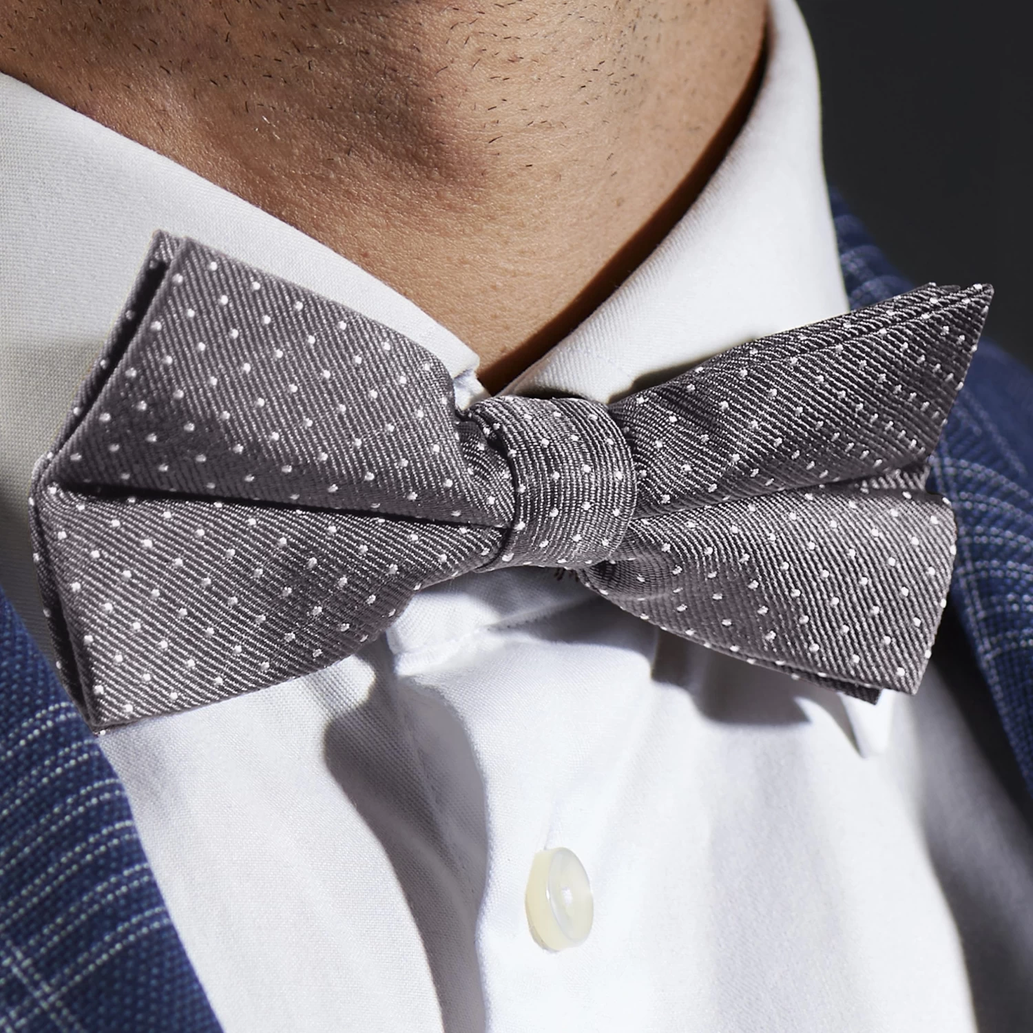 Dark Grey & White Polka Dot Silk Pre-Tied Bow Tie - Image 5
