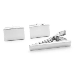 Rectangle Sleek 925s Silver Cufflinks And Short Tie Clip Set