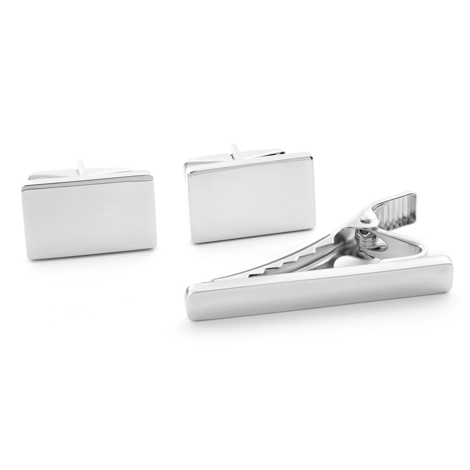 Rectangle Sleek 925s Silver Cufflinks And Short Tie Clip Set