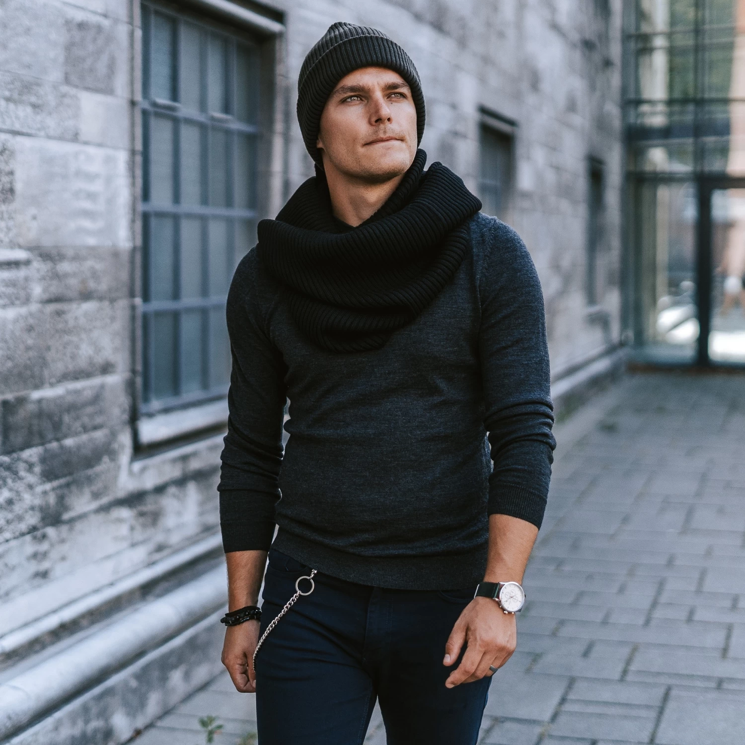 Black Acrylic Mix Chunky Knitted Rib Beanie - Image 5