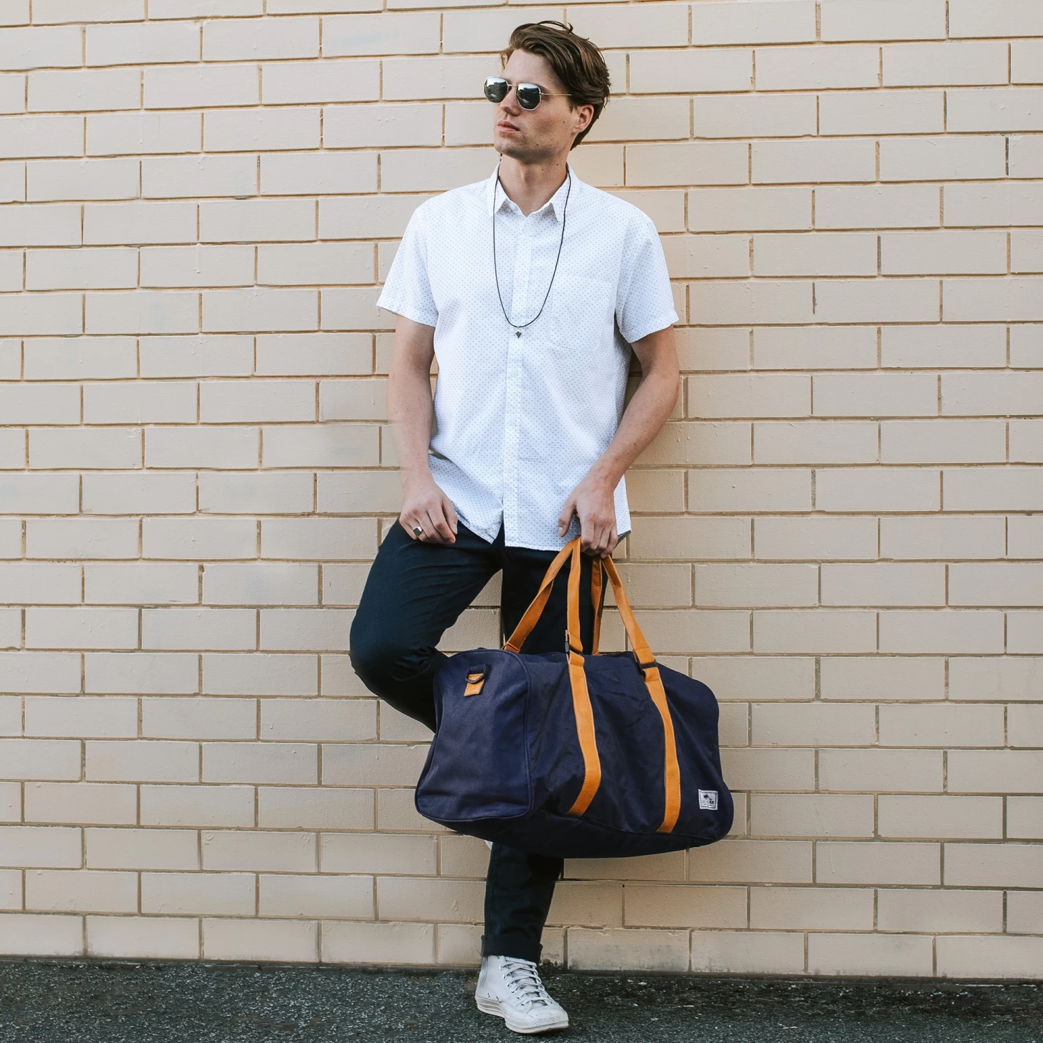 Lewis | Navy Blue Polyester & Tan Faux Leather Duffle Bag - Image 4