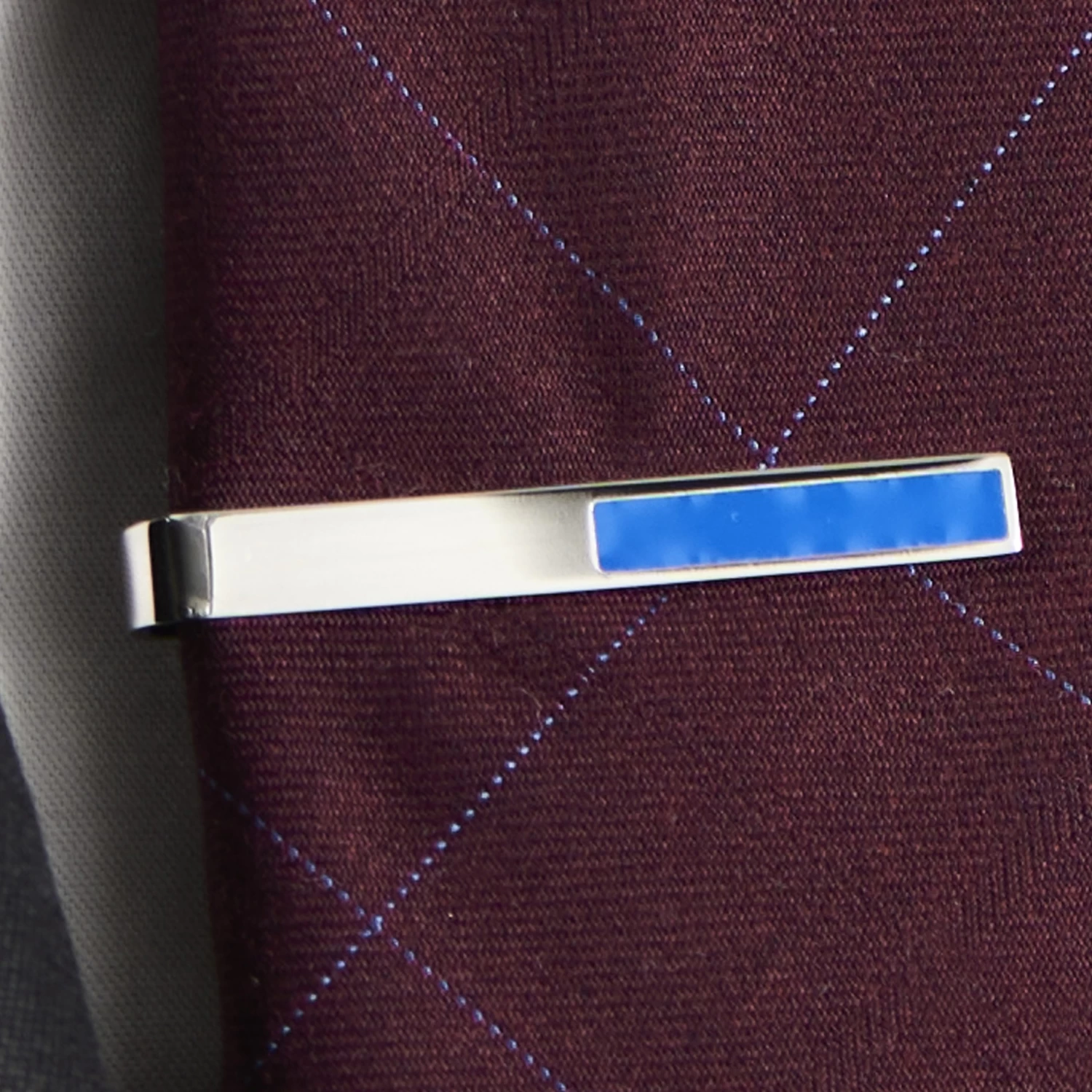 Geo Remix | Silver-Tone & Blue Square Stainless Steel Tie Bar - Image 8