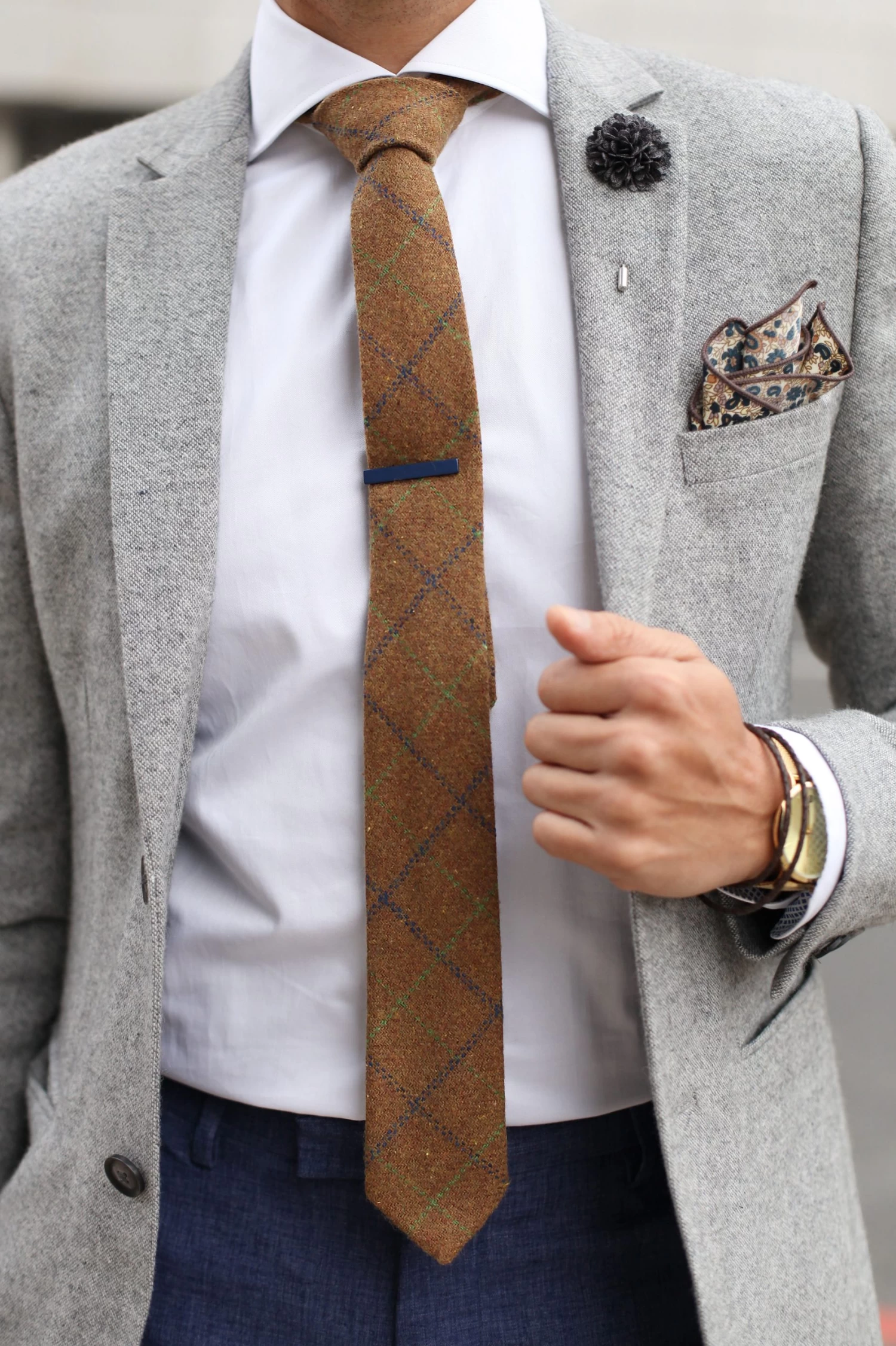 Brown Chequered Handmade Wool Tie - Image 4
