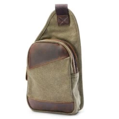 Army Green Canvas & Leather Crossbody Shoulder Bag